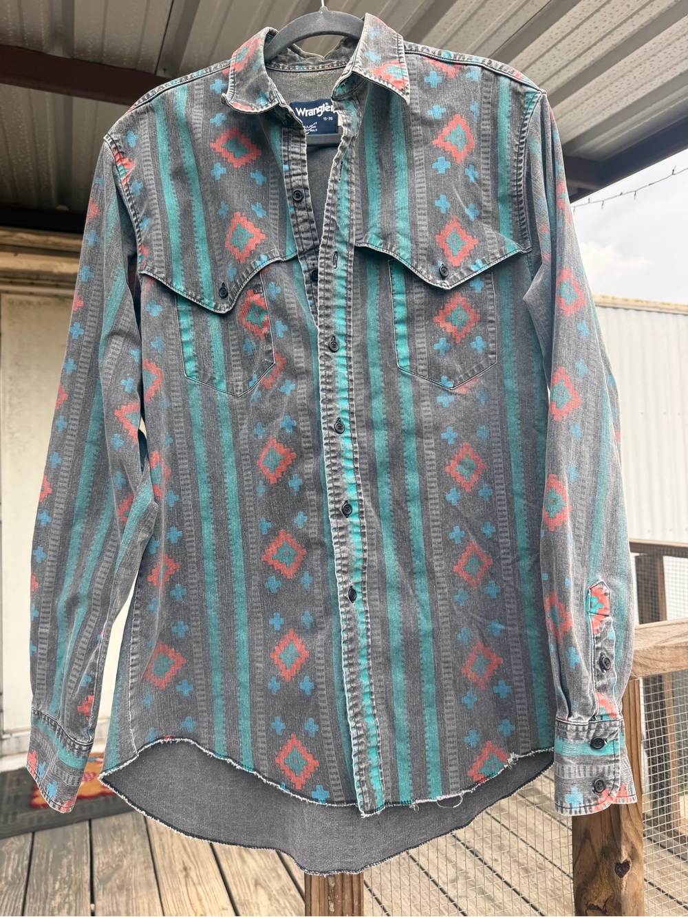 Wrangler Grey Shirt Jacket with Teal and Coral Aztec Stripe